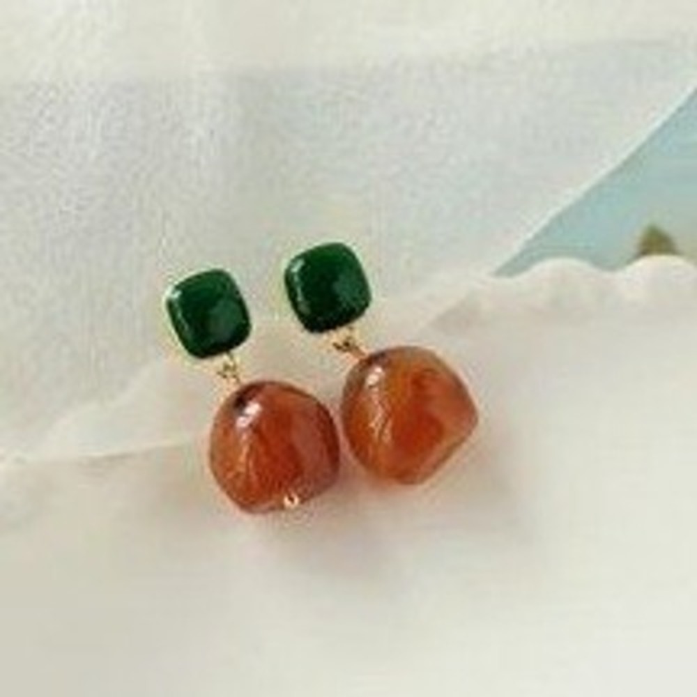 Vintage Style Persimmon Fruit Drop Earrings Green Orange Gold Tone‎ Botanical
